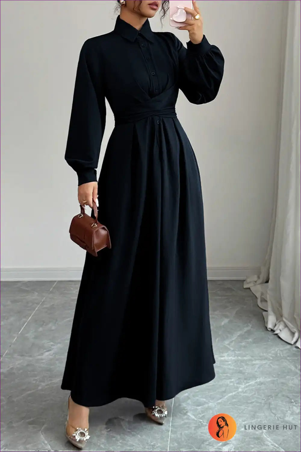 Maxi Dress with Self-belt Detail - Effortless Authority for A-line, All Season, Autumn, Casual,