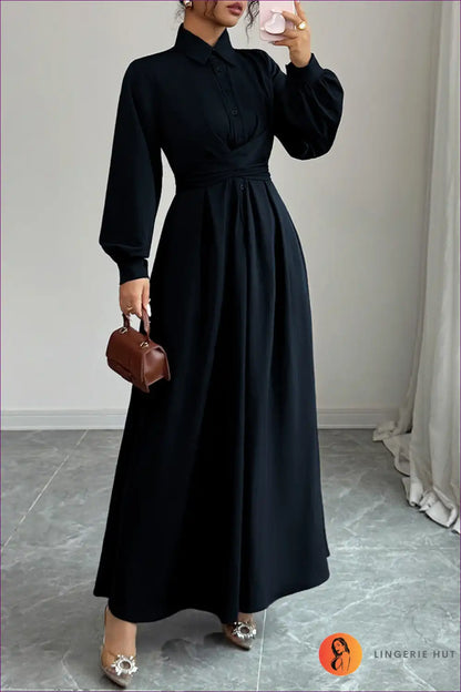 Maxi Dress with Self-belt Detail - Effortless Authority for A-line, All Season, Autumn, Casual,