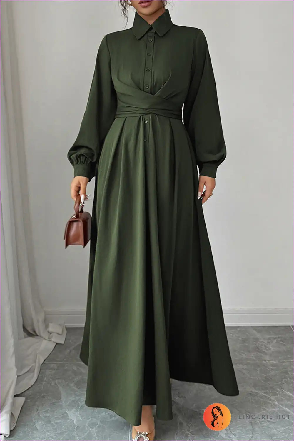 Maxi Dress with Self-belt Detail - Effortless Authority for A-line, All Season, Autumn, Casual,