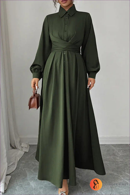 Maxi Dress with Self-belt Detail - Effortless Authority for A-line, All Season, Autumn, Casual,