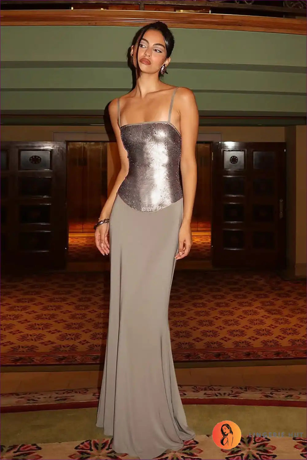 Maxi Dress with Sequin Bodice - Evening Glamour for A-line, All Season, Backless, Dress, Evening Wear