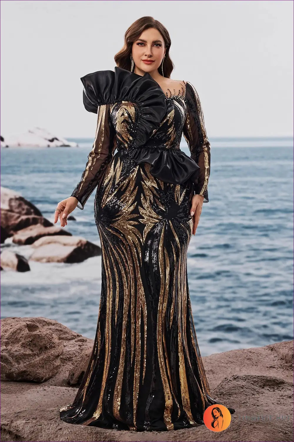 Sequin Sleeve Maxi Dress - Statement Glamour After Dark - 2xl / Black Gold - Dresses - Lingerie Hut - Autumn • Bodycon