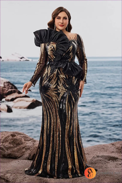 Sequin Sleeve Maxi Dress - Statement Glamour After Dark - 2xl / Black Gold - Dresses - Lingerie Hut - Autumn • Bodycon