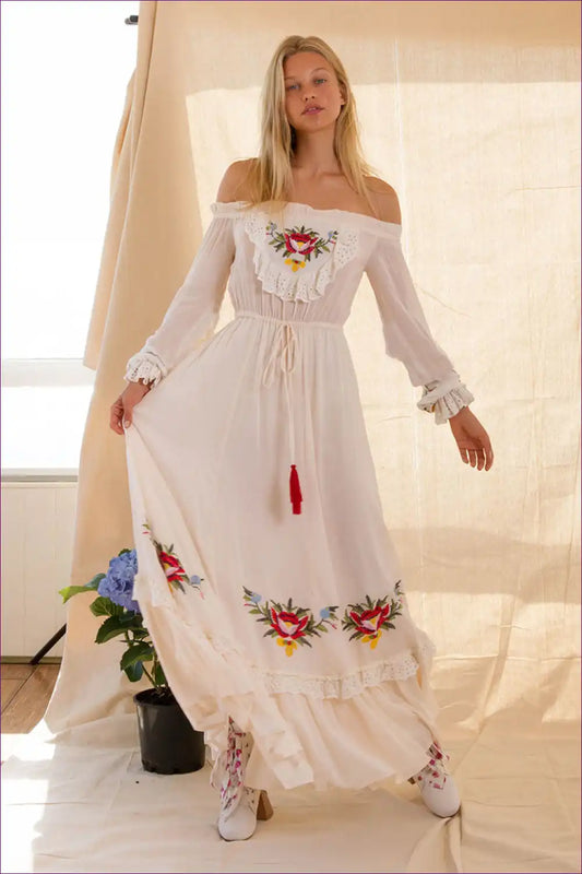 Maxi Dress with Off-shoulder Design - Countryside Romance for A-line, Autumn, Boho, Casual, Cotton