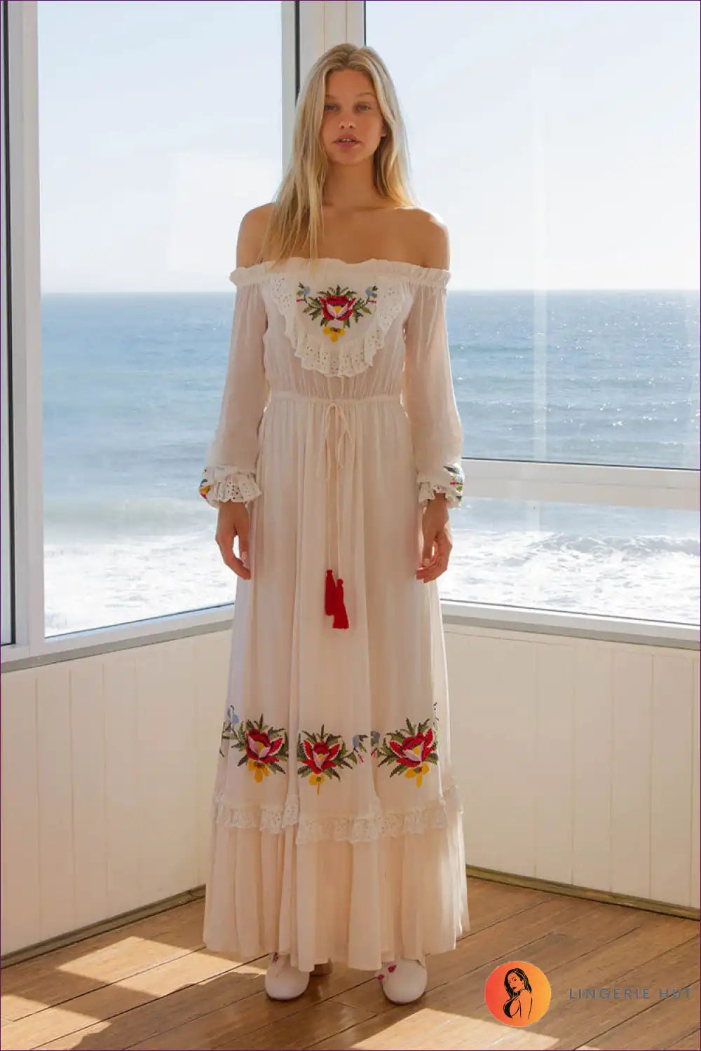 Maxi Dress with Off-shoulder Design - Countryside Romance for A-line, Autumn, Boho, Casual, Cotton