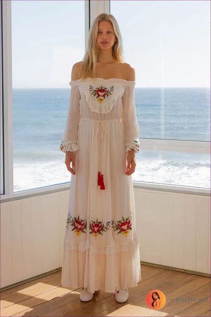 Maxi Dress with Off-shoulder Design - Countryside Romance for A-line, Autumn, Boho, Casual, Cotton