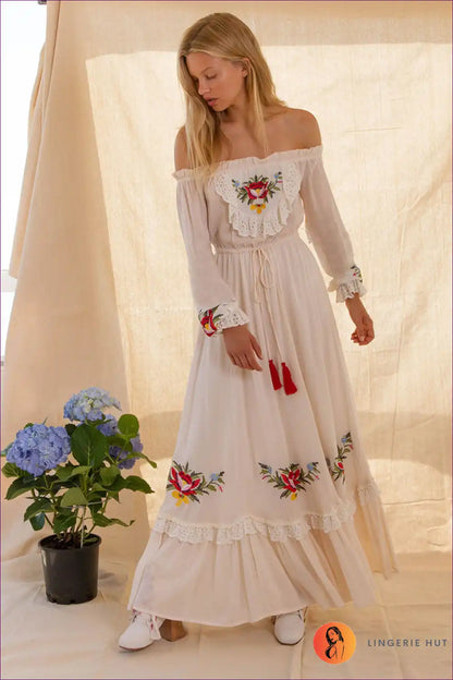 Maxi Dress with Off-shoulder Design - Countryside Romance for A-line, Autumn, Boho, Casual, Cotton
