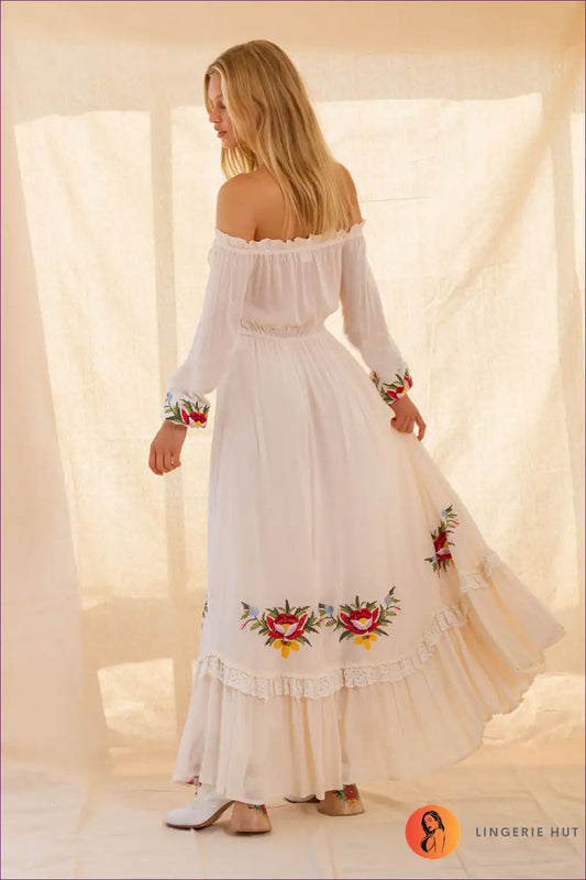 Maxi Dress with Off-shoulder Design - Countryside Romance for A-line, Autumn, Boho, Casual, Cotton