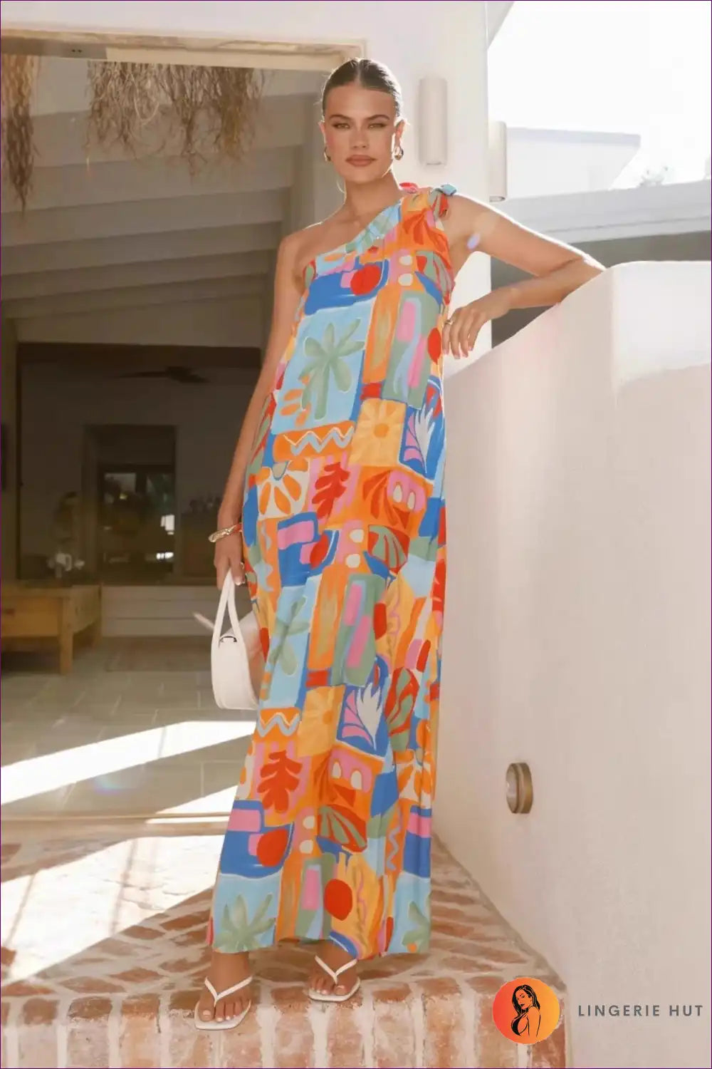 Maxi Dress with one Shoulder Design - Festival Glamour for A-line, Boho, Casual, Cutout,