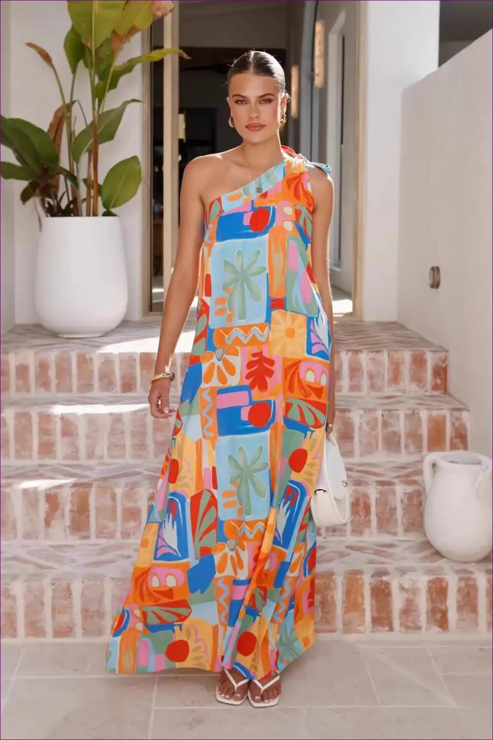 Maxi Dress with one Shoulder Design - Festival Glamour for A-line, Boho, Casual, Cutout,
