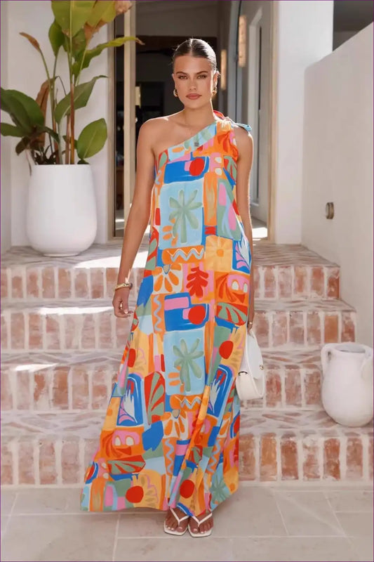 Maxi Dress with one Shoulder Design - Festival Glamour for A-line, Boho, Casual, Cutout,