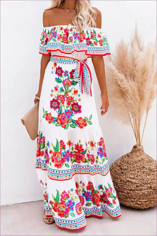 Maxi Dress with Off-shoulder Design - Fiesta Celebration for A-line, Boho, Casual, Dress, Floral