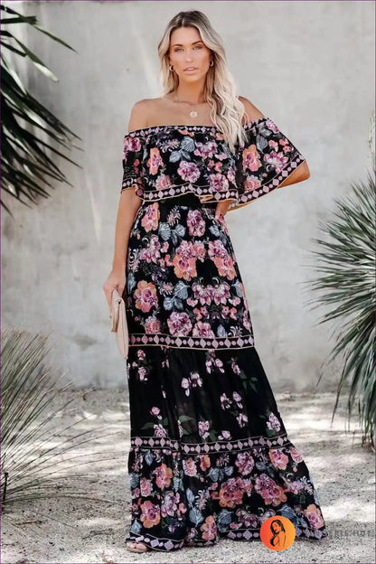Maxi Dress with Off-shoulder Design - Fiesta Celebration for A-line, Boho, Casual, Dress, Floral