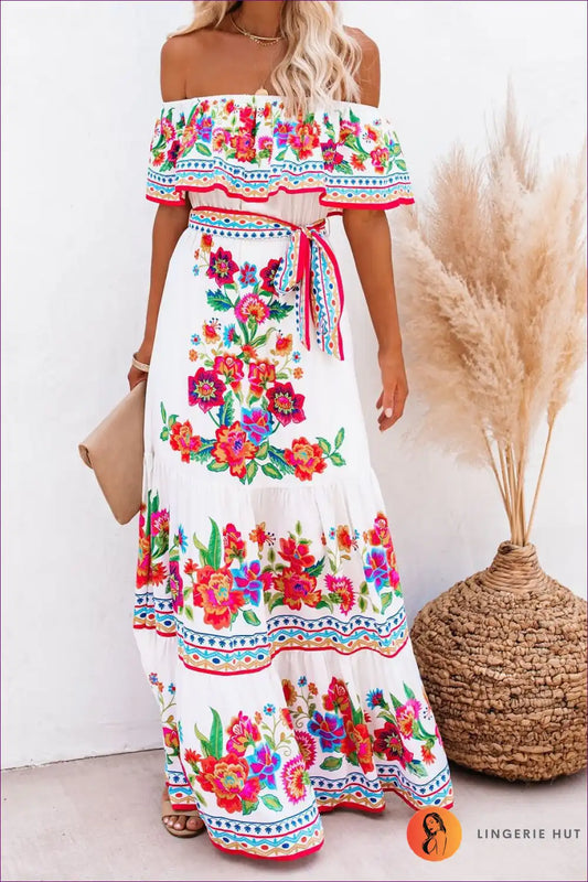 Maxi Dress with Off-shoulder Design - Fiesta Celebration for A-line, Boho, Casual, Dress, Floral