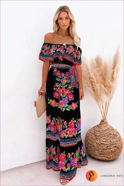 Maxi Dress with Off-shoulder Design - Fiesta Celebration for A-line, Boho, Casual, Dress, Floral