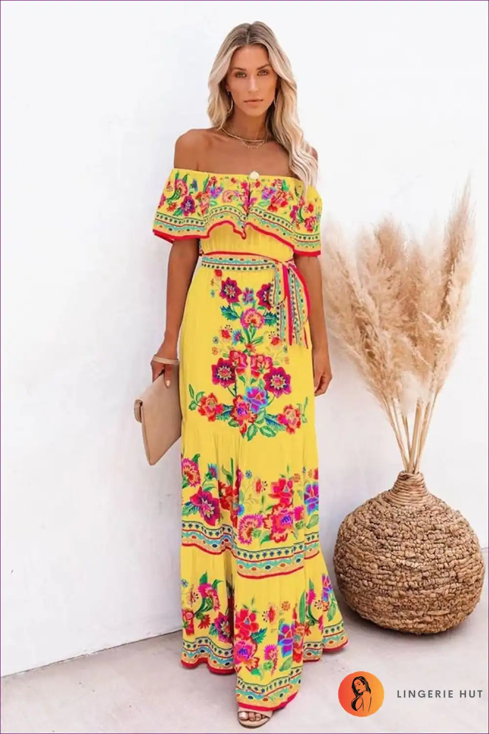 Maxi Dress with Off-shoulder Design - Fiesta Celebration for A-line, Boho, Casual, Dress, Floral