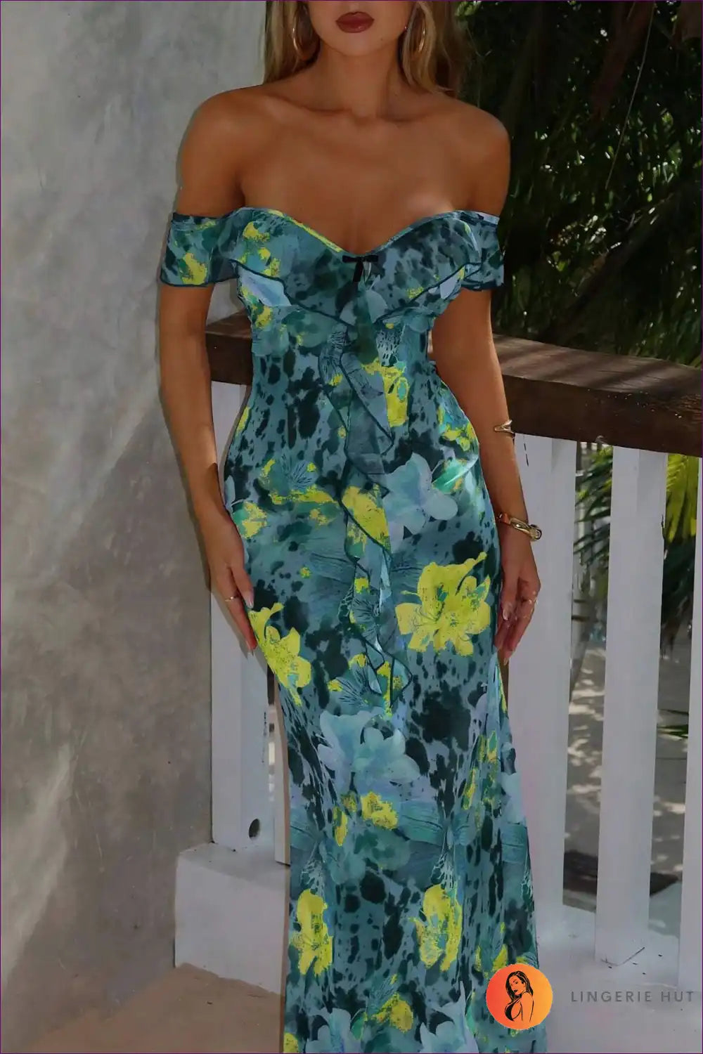 Maxi Dress with Off-shoulder Design - Tropical Romance for A-line, Boho, Casual, Dress, Floral