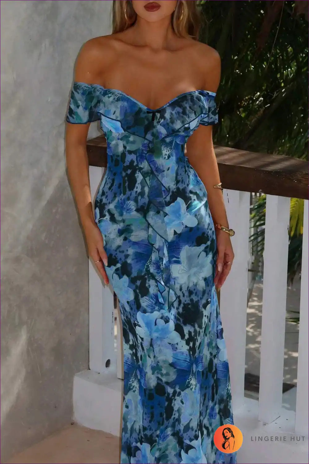 Maxi Dress with Off-shoulder Design - Tropical Romance for A-line, Boho, Casual, Dress, Floral