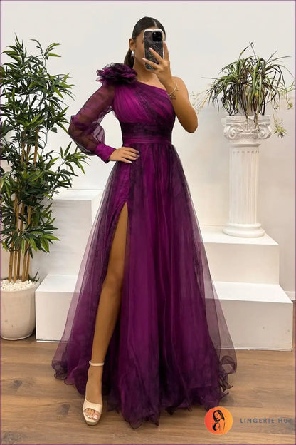 Maxi Dress with one Shoulder - Dramatic Elegance for All Season, Backless, Chiffon, Cutout,