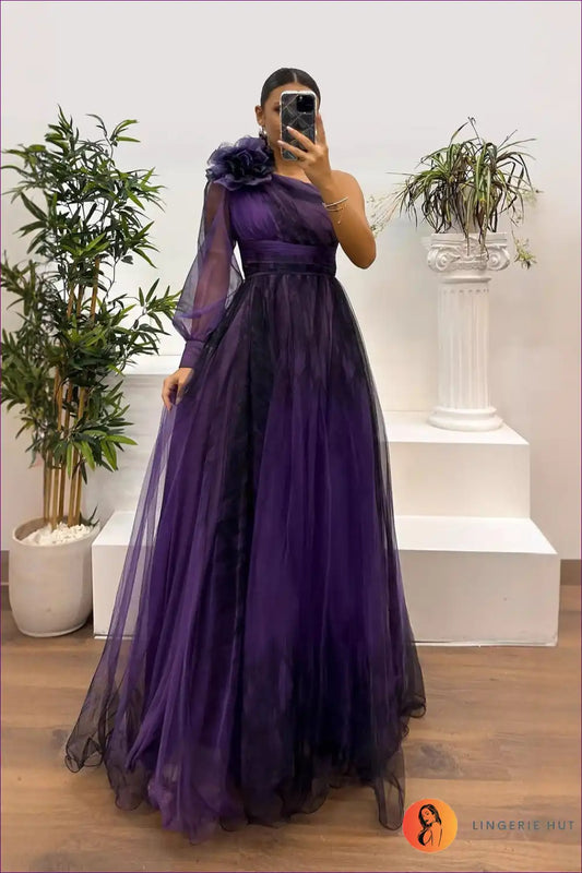 Maxi Dress with one Shoulder - Dramatic Elegance for All Season, Backless, Chiffon, Cutout,