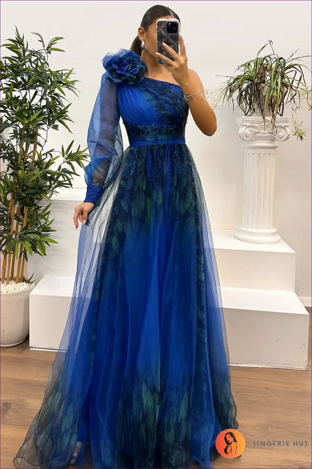 Maxi Dress with one Shoulder - Dramatic Elegance for All Season, Backless, Chiffon, Cutout,