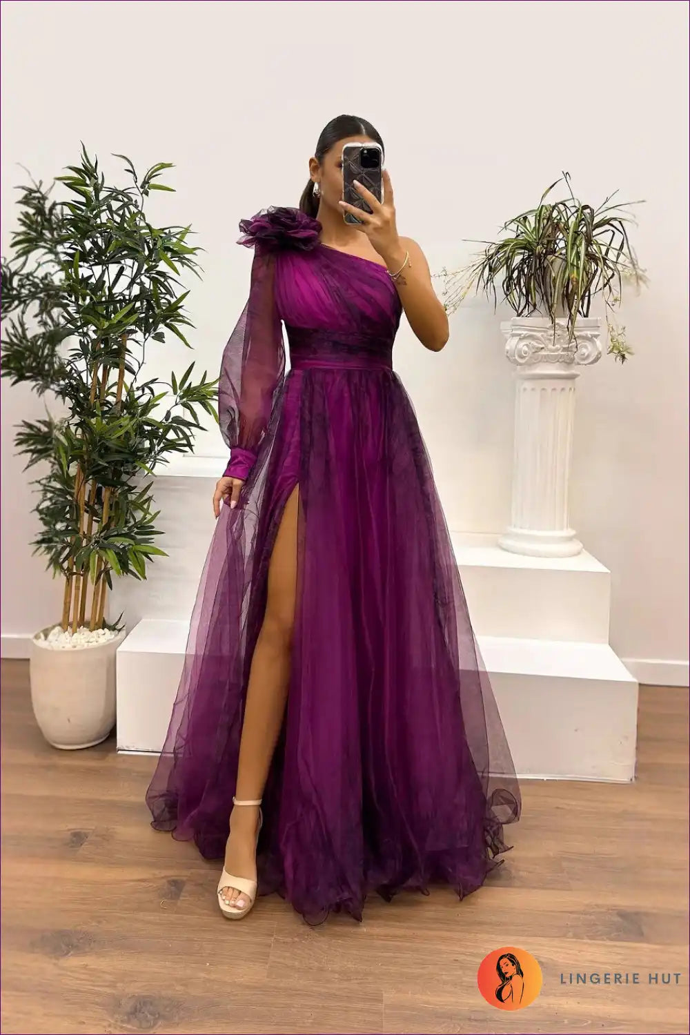 Maxi Dress with one Shoulder - Dramatic Elegance for All Season, Backless, Chiffon, Cutout,