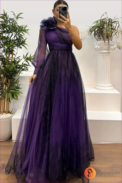 Maxi Dress with one Shoulder - Dramatic Elegance for All Season, Backless, Chiffon, Cutout,