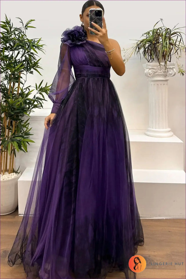 Floral Mesh One Shoulder Maxi Dress