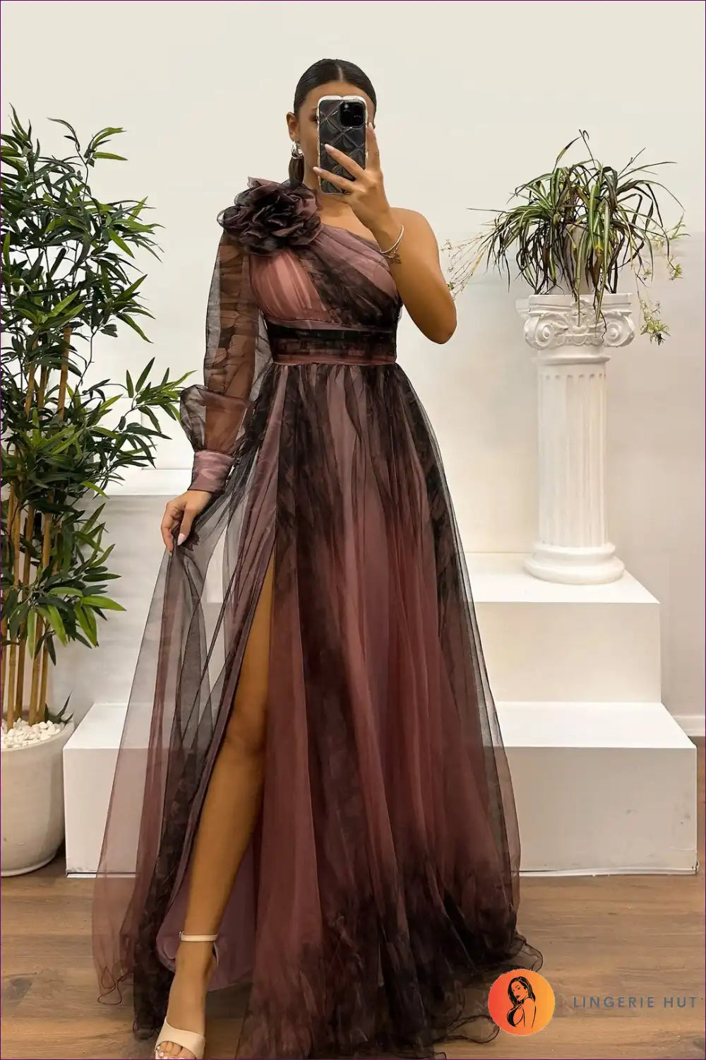 Maxi Dress with one Shoulder - Dramatic Elegance for All Season, Backless, Chiffon, Cutout,