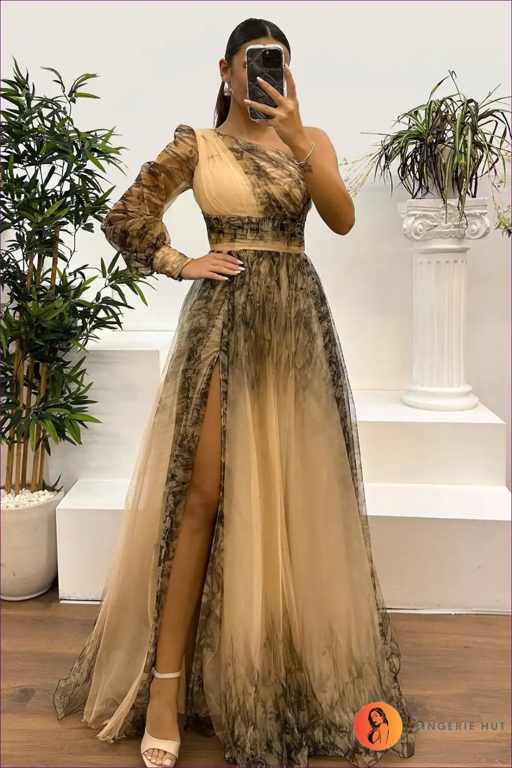 Maxi Dress with one Shoulder - Dramatic Elegance for All Season, Backless, Chiffon, Cutout,