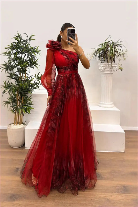 Maxi Dress with one Shoulder - Dramatic Elegance for All Season, Backless, Chiffon, Cutout,