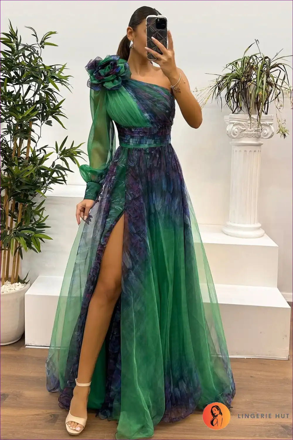 Maxi Dress with one Shoulder - Dramatic Elegance for All Season, Backless, Chiffon, Cutout,