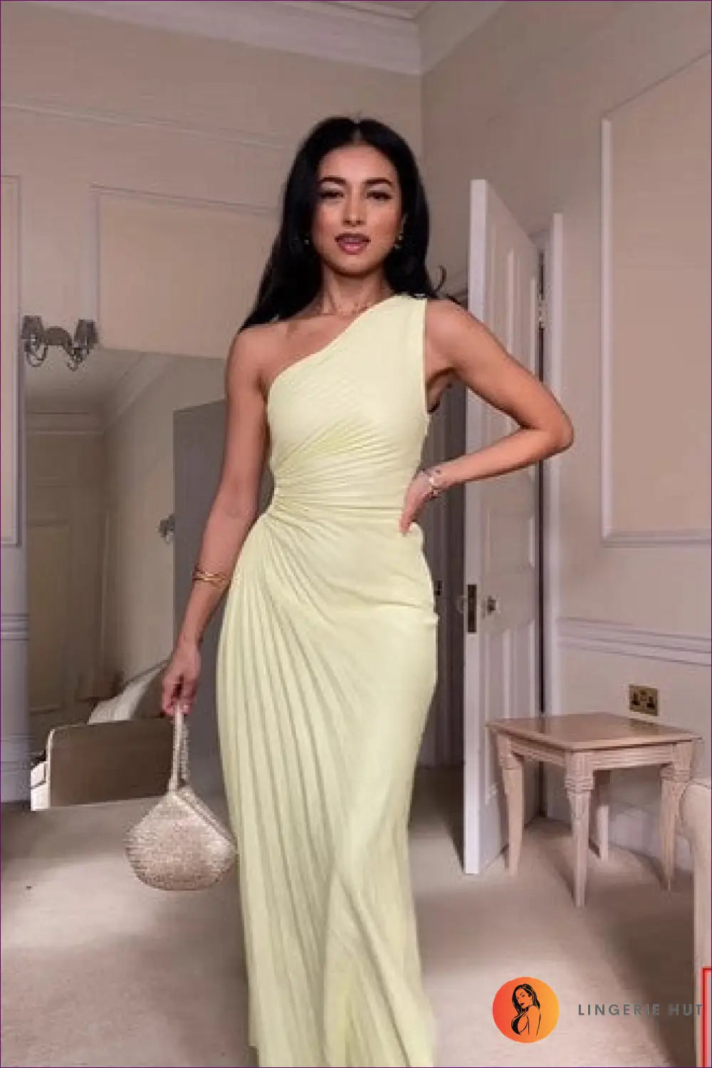 One Shoulder Maxi Dress - Understated Glamour - Xs / Pale Yellow - Dresses - Lingerie Hut - A-line • Backless • Cutout