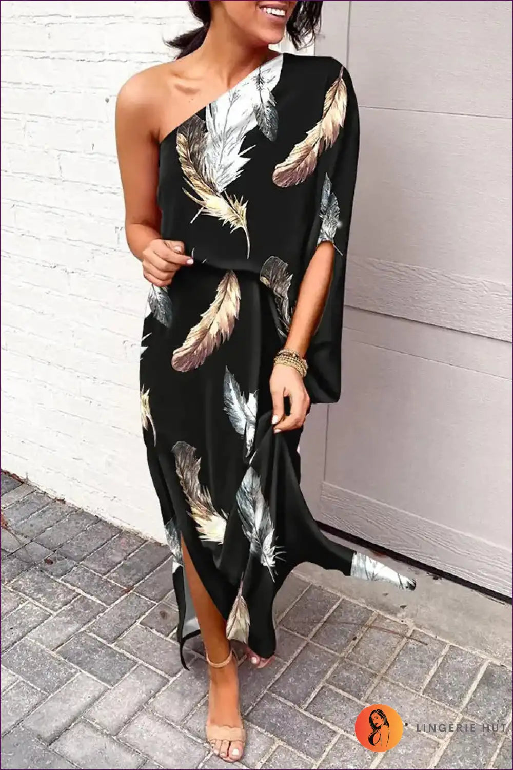 Maxi Dress with one Shoulder - Tropical Escape for Beachwear, Casual, Cutout, Dress, Floral