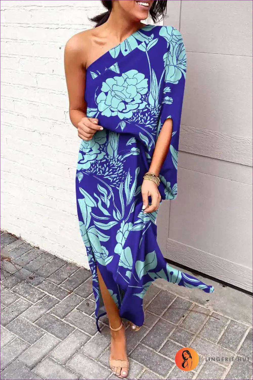 Maxi Dress with one Shoulder - Tropical Escape for Beachwear, Casual, Cutout, Dress, Floral