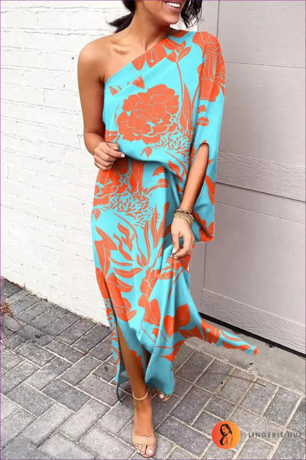 Maxi Dress with one Shoulder - Tropical Escape for Beachwear, Casual, Cutout, Dress, Floral