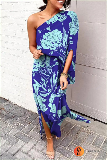 Maxi Dress with one Shoulder - Tropical Escape for Beachwear, Casual, Cutout, Dress, Floral