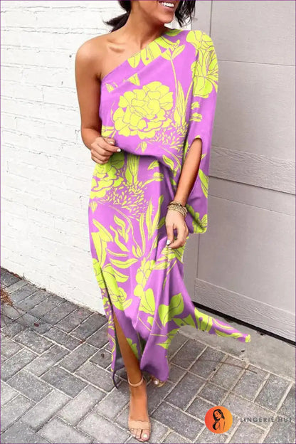 Maxi Dress with one Shoulder - Tropical Escape for Beachwear, Casual, Cutout, Dress, Floral