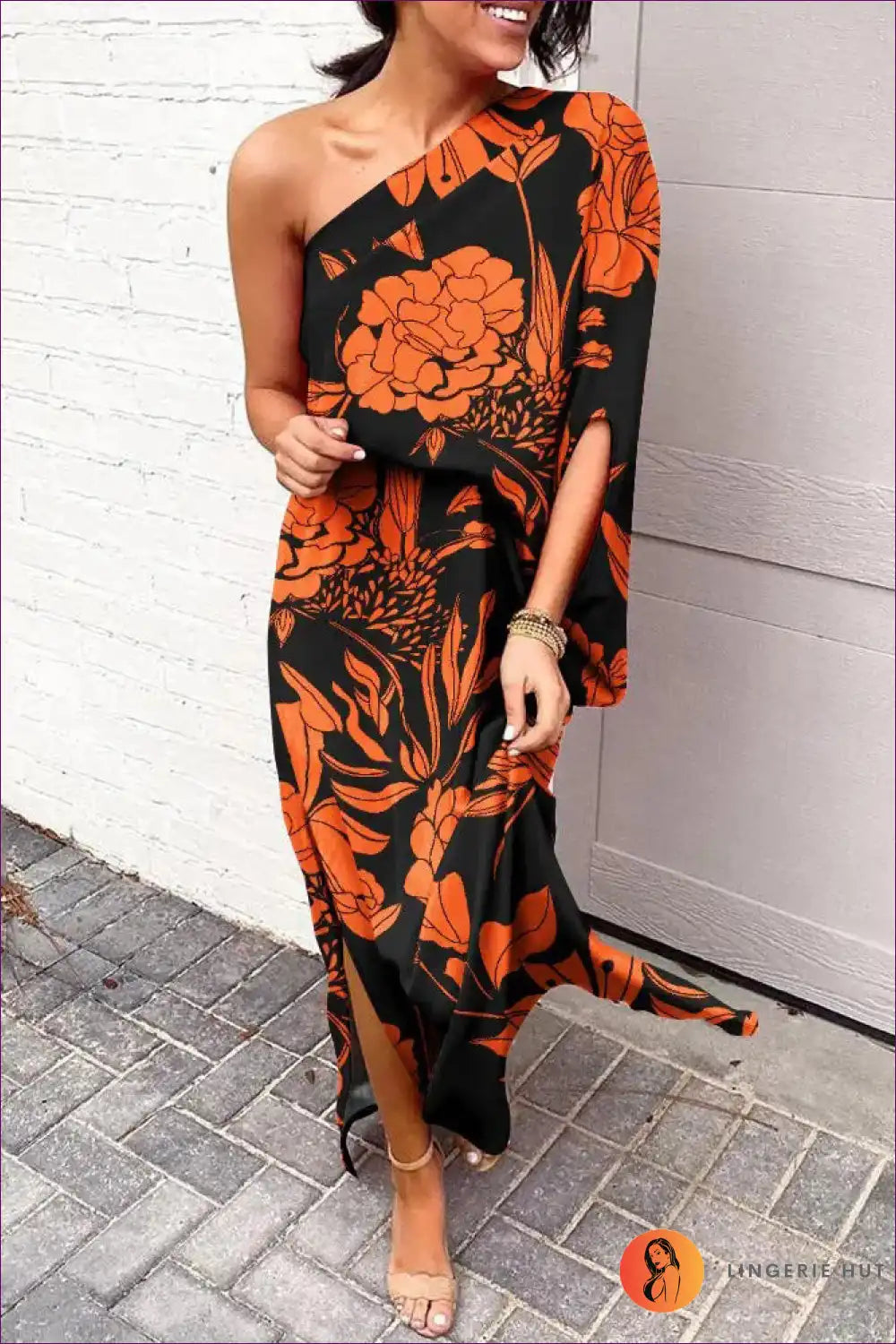 Maxi Dress with one Shoulder - Tropical Escape for Beachwear, Casual, Cutout, Dress, Floral