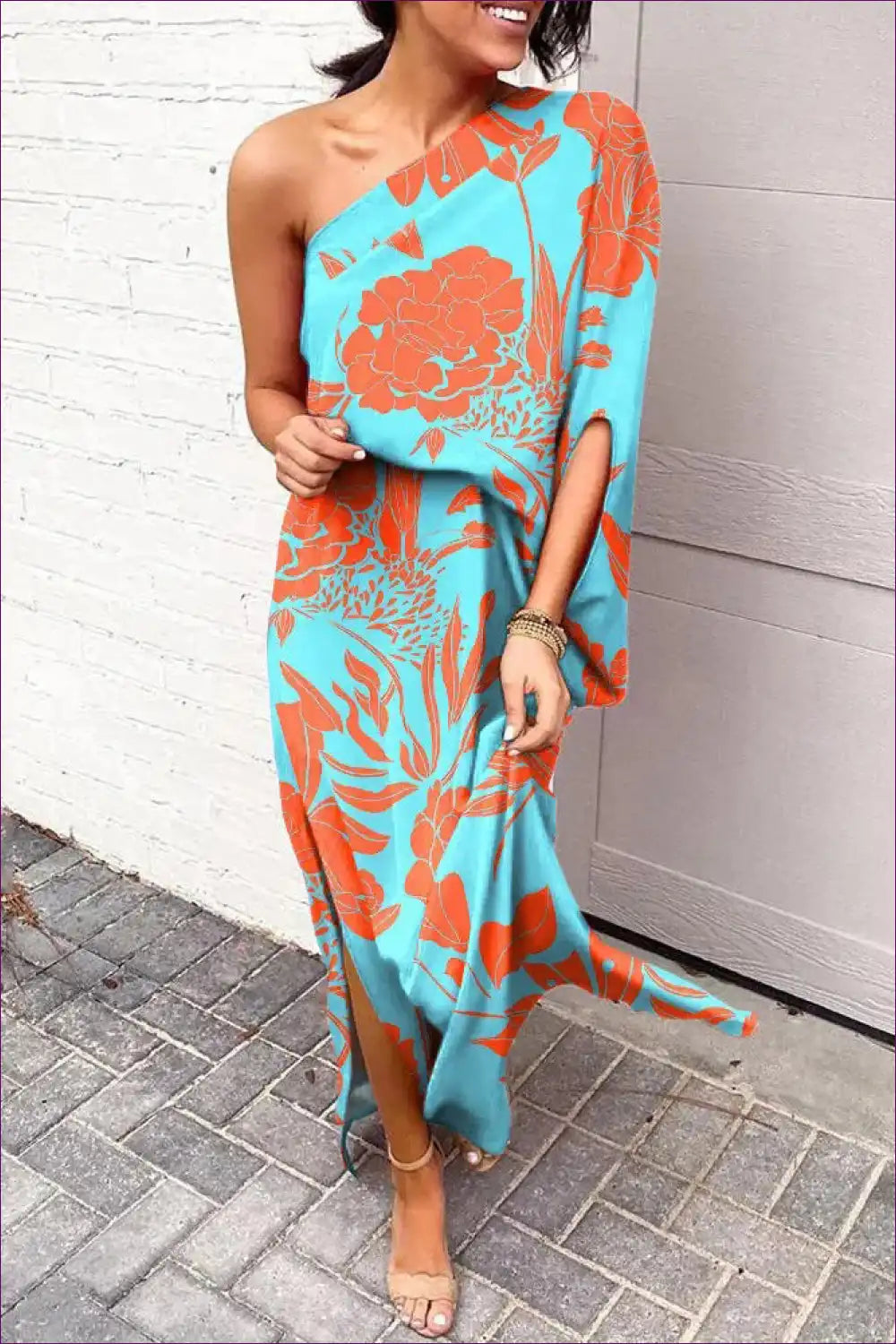 Maxi Dress with one Shoulder - Tropical Escape for Beachwear, Casual, Cutout, Dress, Floral