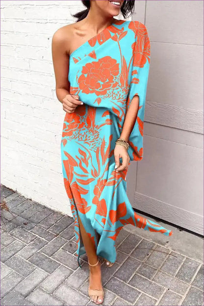 Maxi Dress with one Shoulder - Tropical Escape for Beachwear, Casual, Cutout, Dress, Floral