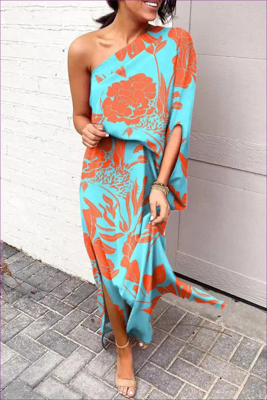 Maxi Dress with one Shoulder - Tropical Escape for Beachwear, Casual, Cutout, Dress, Floral