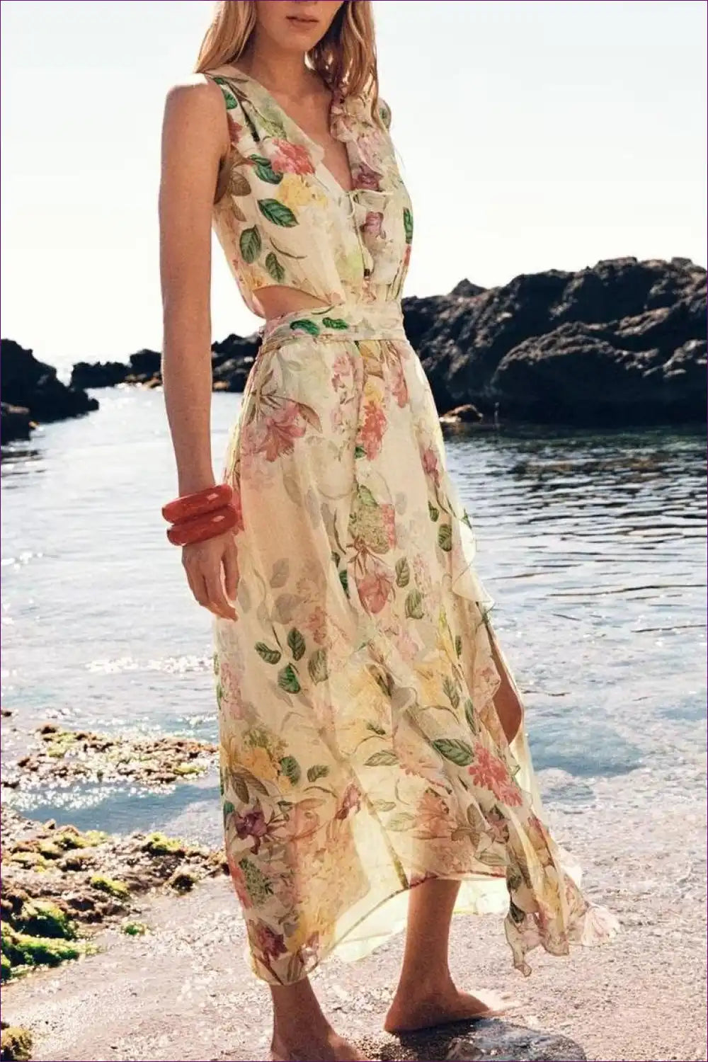 Maxi Dress with Side Split - Beachside Elegance for Boho, Chiffon, Dress, Floral, Formal Wear