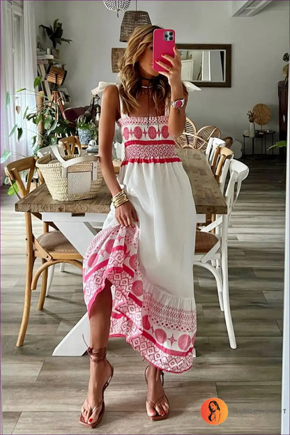 Maxi Dress with Smocked Bodice - Bohemian Wanderlust for Beachwear, Boho, Casual, Cutout,