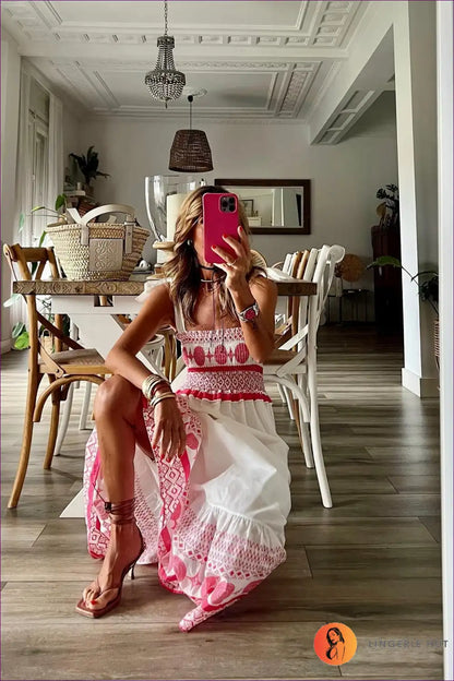 Maxi Dress with Smocked Bodice - Bohemian Wanderlust for Beachwear, Boho, Casual, Cutout,