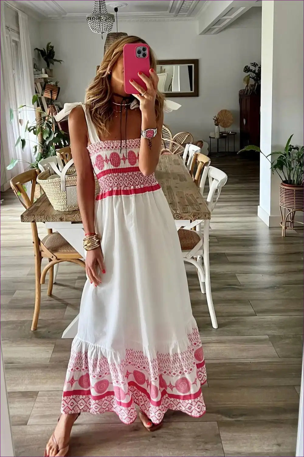 Maxi Dress with Smocked Bodice - Bohemian Wanderlust for Beachwear, Boho, Casual, Cutout,