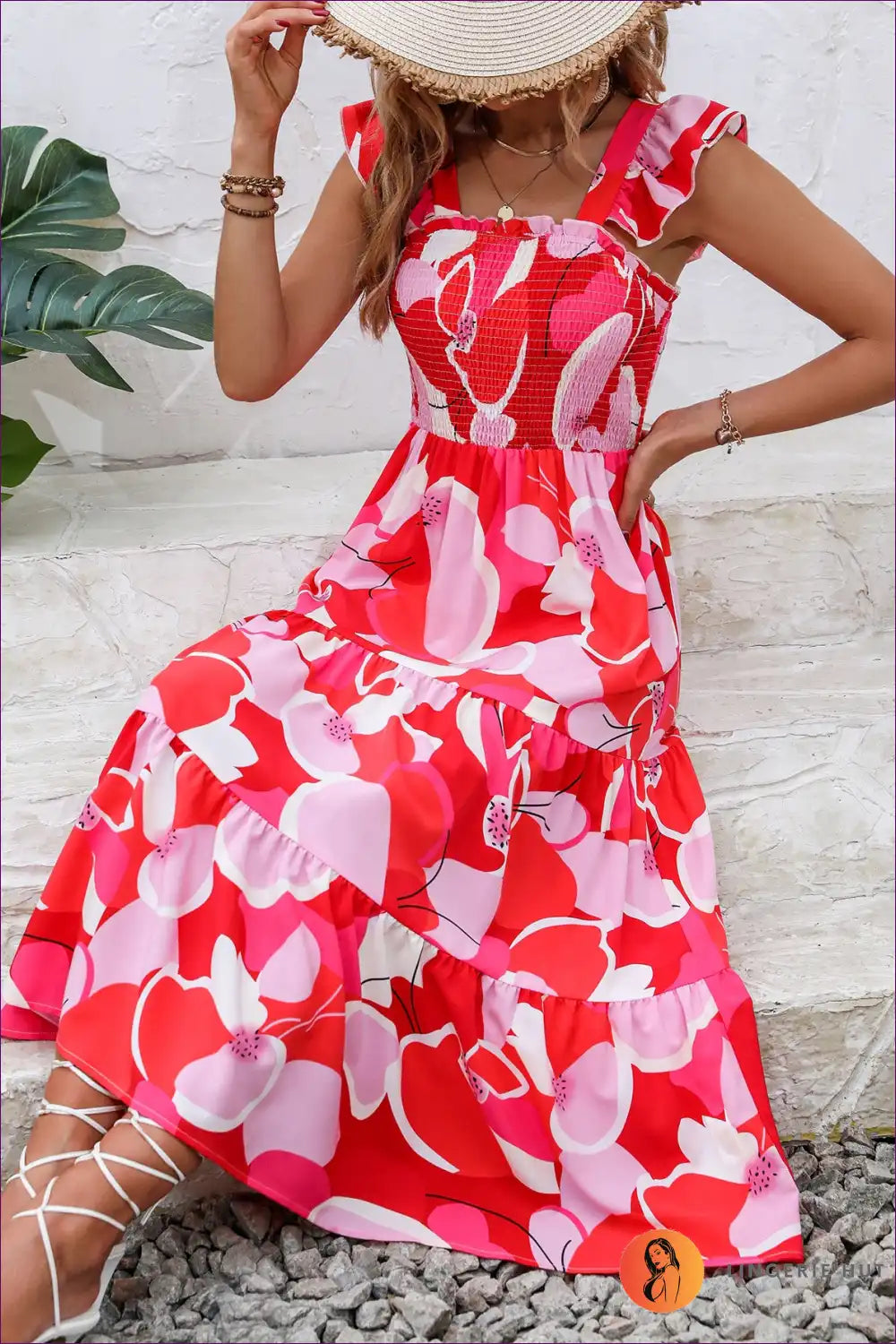 Maxi Dress with Smocked Bodice - Holiday Romance for A-line, Boho, Casual, Dress, Floral