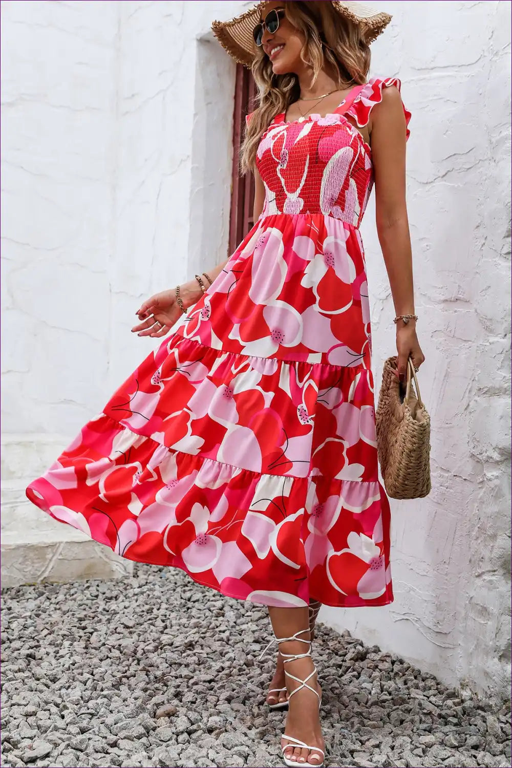 Maxi Dress with Smocked Bodice - Holiday Romance for A-line, Boho, Casual, Dress, Floral