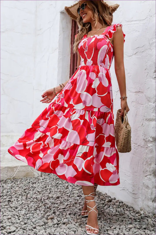 Maxi Dress with Smocked Bodice - Holiday Romance for A-line, Boho, Casual, Dress, Floral