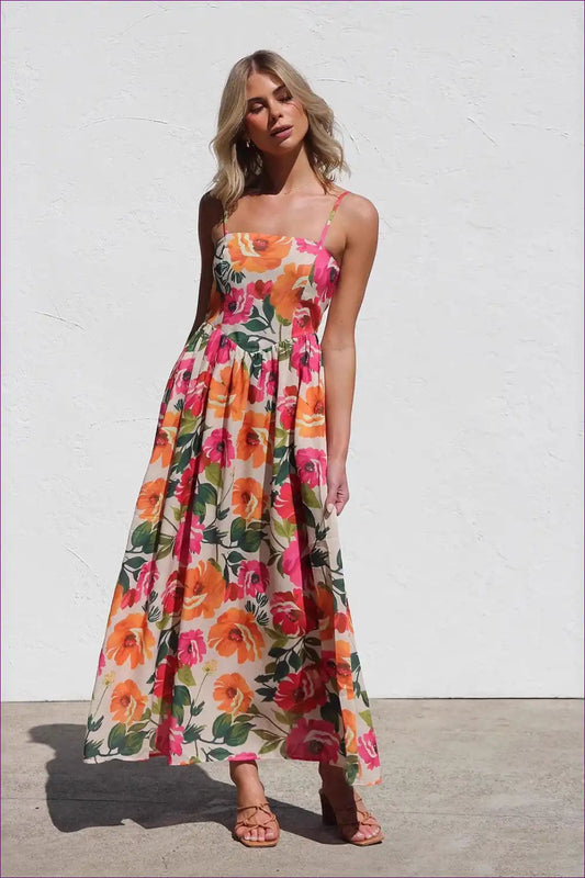 Maxi Dress with Spaghetti Straps - Sunset Celebration for A-line, Casual, Chiffon, Dress, Floral